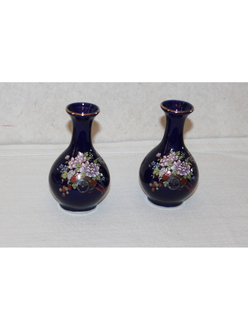 Vintage Kutani Japan Cobalt Blue Floral Bud Vases Gold Trim Set of 2